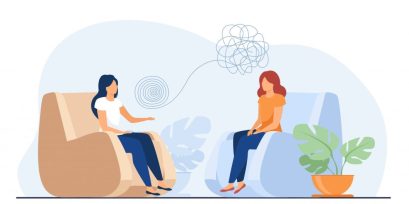Woman,Sitting,In,Armchair,And,Talking,With,Psychologist.,Thought,,Therapy, Illustration of two women talking, one seated in an armchair, representing counselling and mental health support online and in Dorset.