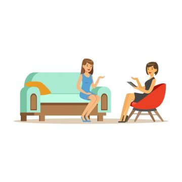 Beautiful,Female,Patient,Character,Talking,To,Female,Psychologist,About,Problems, Illustration of two women sitting opposite each other in conversation, representing emotional support and counselling in Bournemouth, Poole and Christchurch, Dorset, and online.